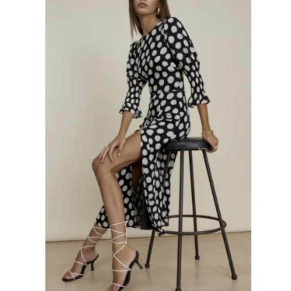 Reformation Carolena Midi Dress Luna Polka Dot Size 8 Puff Shoulder 3/4 Sleeve - Picture 1 of 13